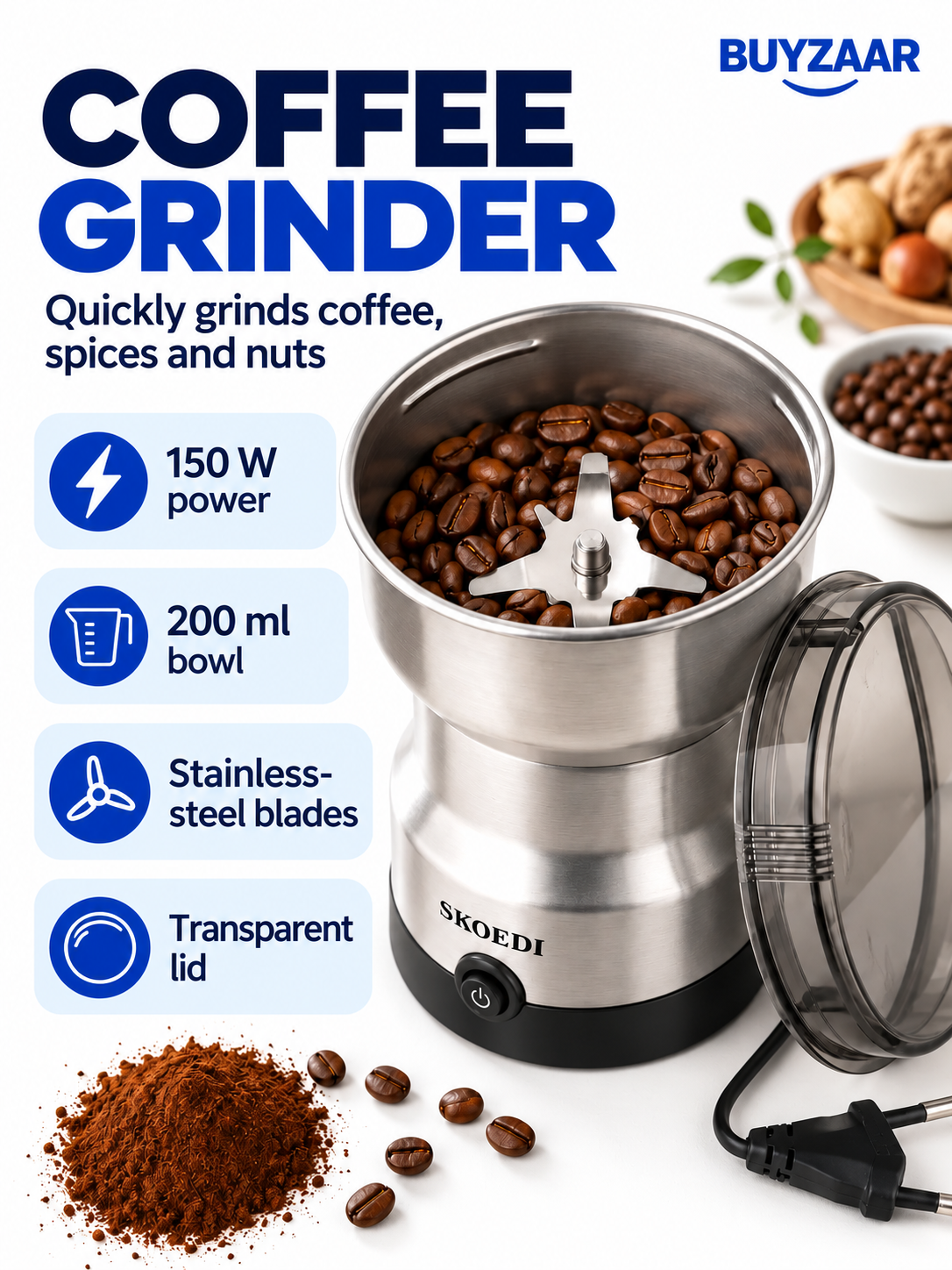 SKOEDI NM-8300 Electric Coffee Grinder – 150W Stainless Steel