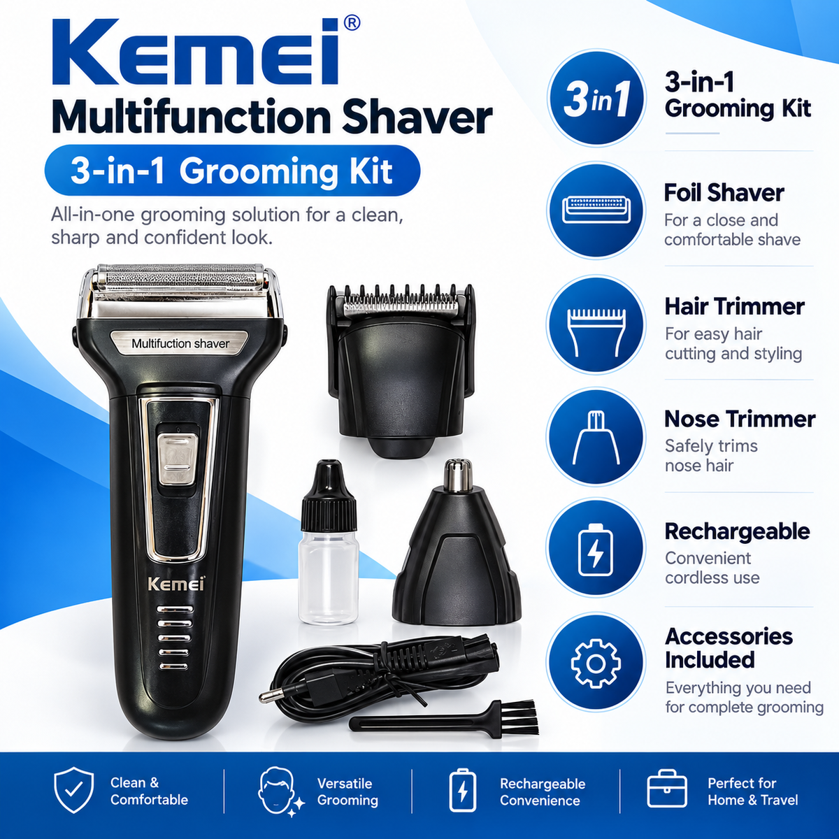 Kemei 3 In 1 km 6331 Rechargeable Hair Clipper Shaver beard Styling Hair Removal machine shaving machine for men - km-6330/6558/6331 - blue