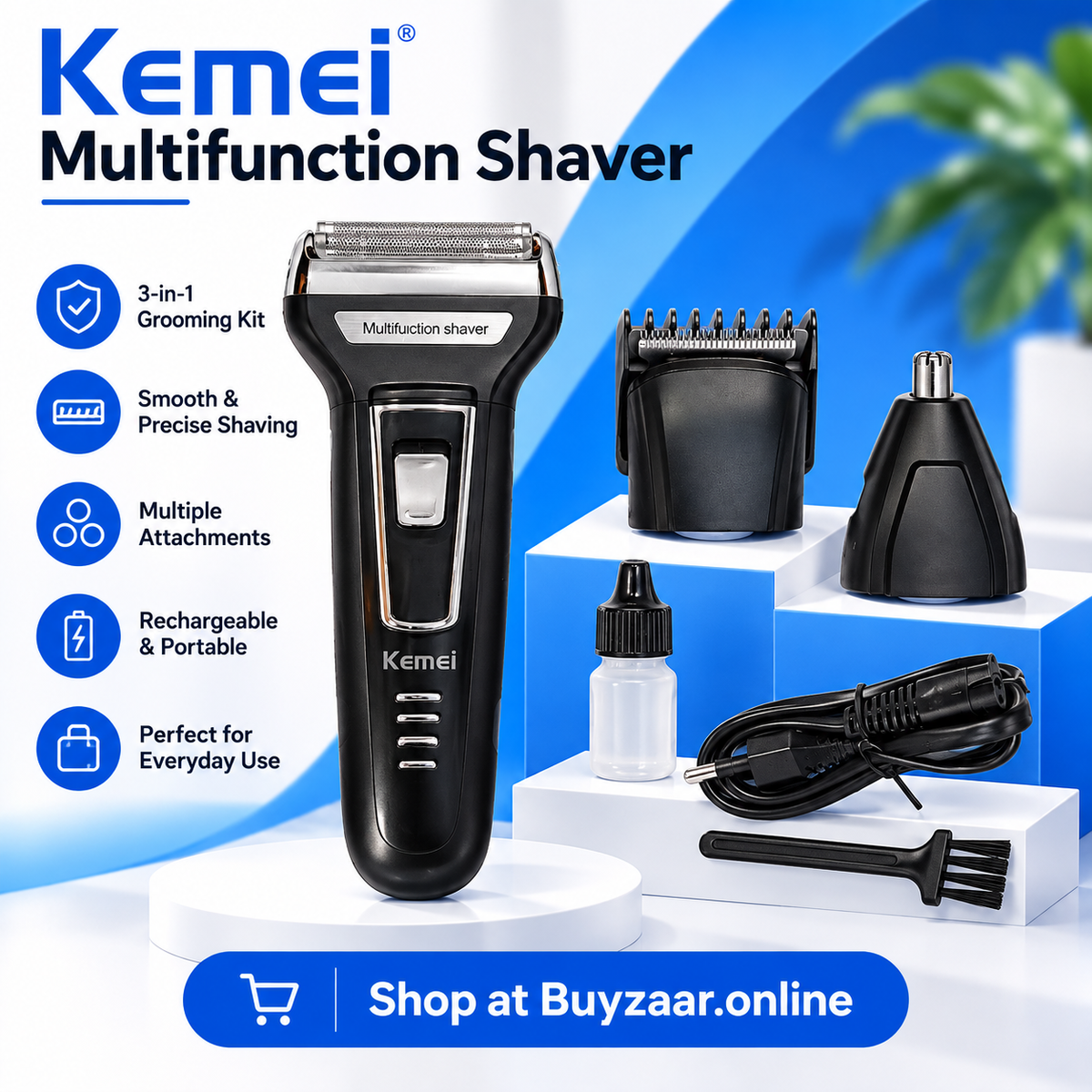 Kemei 3 In 1 km 6331 Rechargeable Hair Clipper Shaver beard Styling Hair Removal machine shaving machine for men - km-6330/6558/6331 - blue