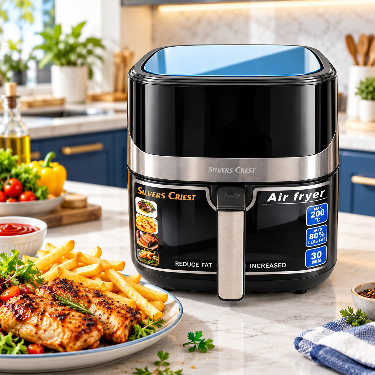 Silver Crest 8L Air Fryer – Large Capacity, 200°C Cooking & 30-Minute Timer | Black
