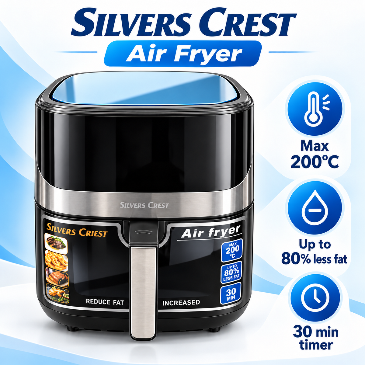 Silver Crest 8L Air Fryer – Large Capacity, 200°C Cooking & 30-Minute Timer | Black