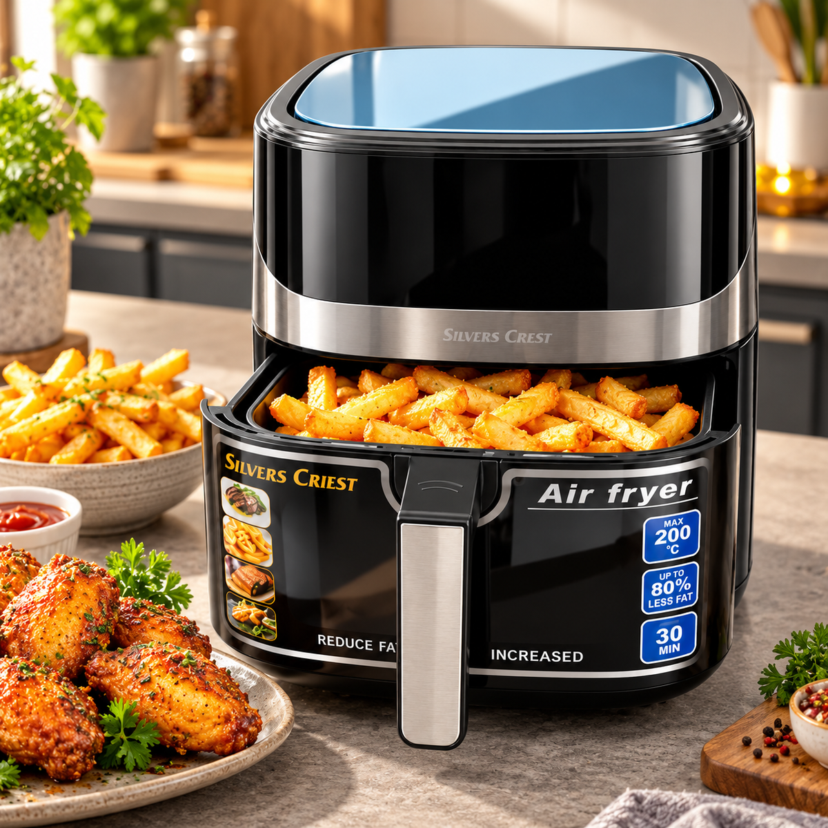 Silver Crest 8L Air Fryer – Large Capacity, 200°C Cooking & 30-Minute Timer | Black