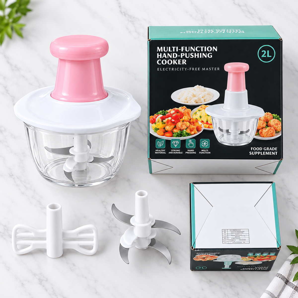 2L Manual Food Chopper – Hand Push Vegetable Cutter with Stainless Steel Blades | Pink