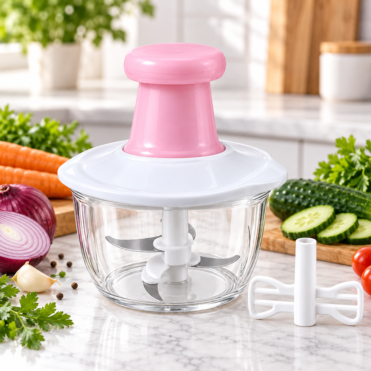 2L Manual Food Chopper – Hand Push Vegetable Cutter with Stainless Steel Blades | Pink