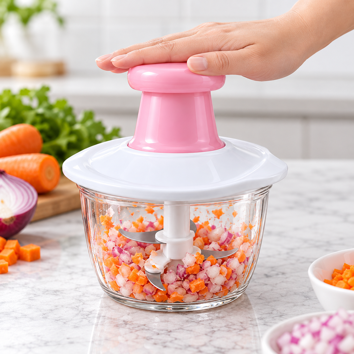 2L Manual Food Chopper – Hand Push Vegetable Cutter with Stainless Steel Blades | Pink
