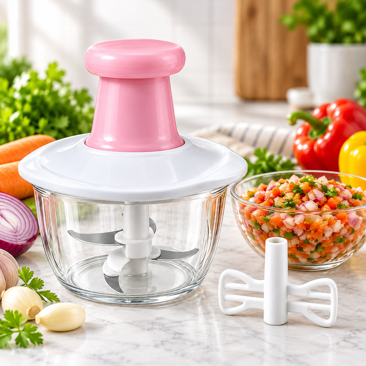 2L Manual Food Chopper – Hand Push Vegetable Cutter with Stainless Steel Blades | Pink