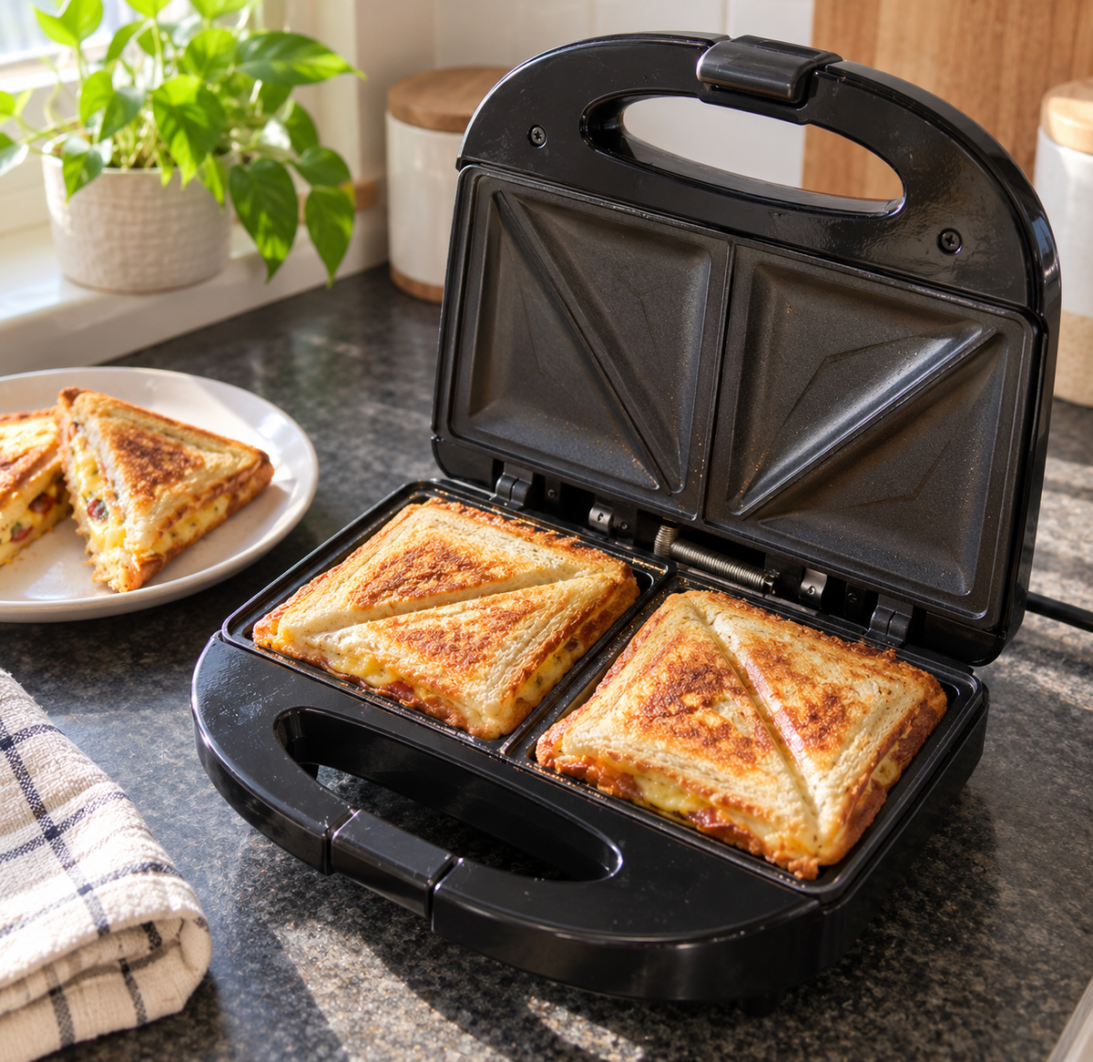 Portable Electric 4 Slice Sandwich Maker: 850W Power, Non-Stick, Double-Sided Heating, Easy to Clean