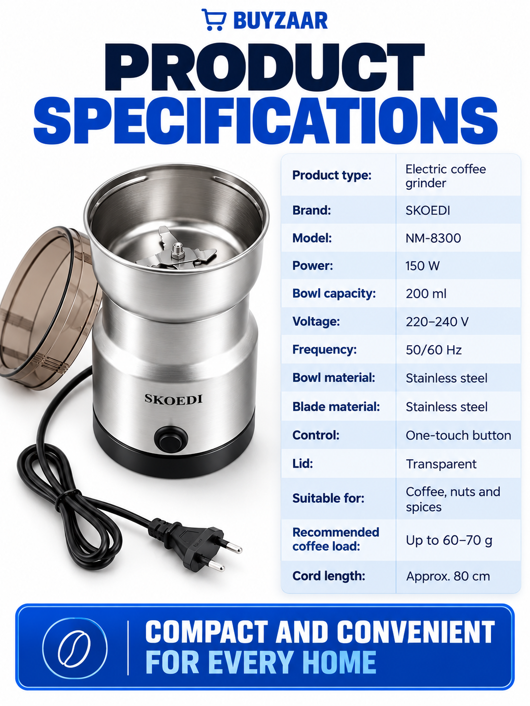 SKOEDI NM-8300 Electric Coffee Grinder – 150W Stainless Steel