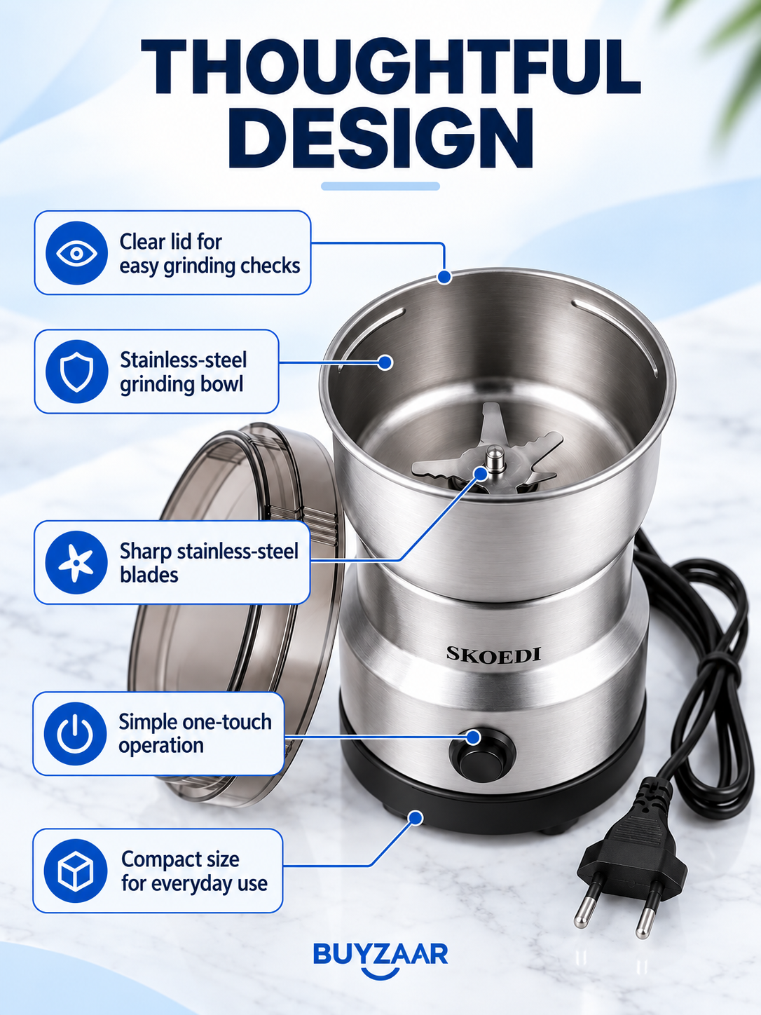 SKOEDI NM-8300 Electric Coffee Grinder – 150W Stainless Steel