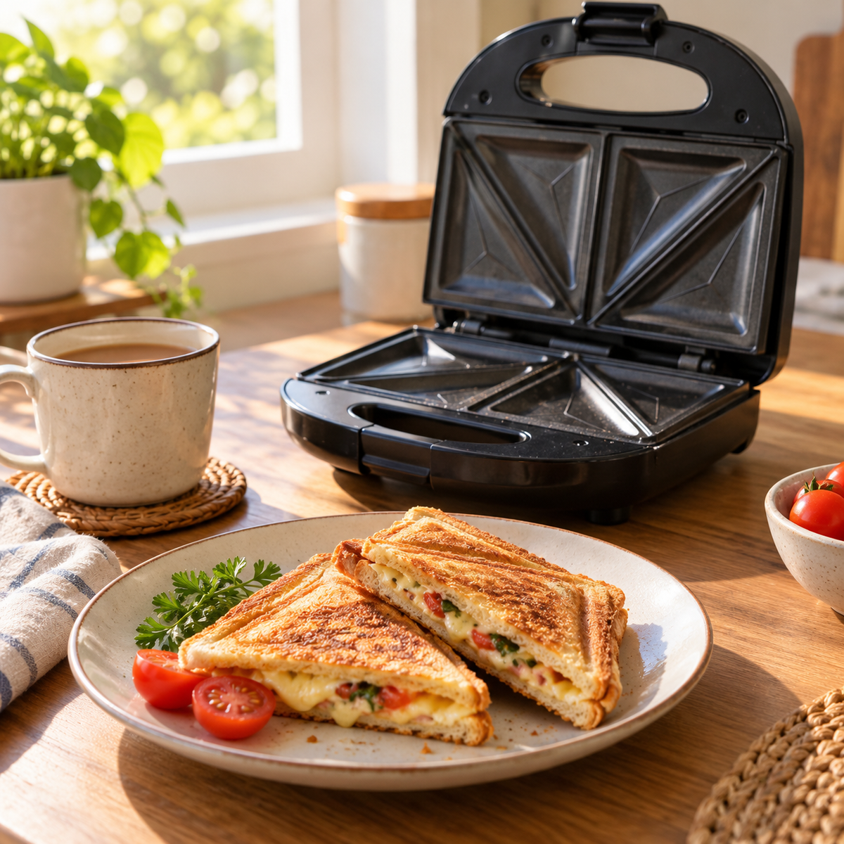 Portable Electric 4 Slice Sandwich Maker: 850W Power, Non-Stick, Double-Sided Heating, Easy to Clean