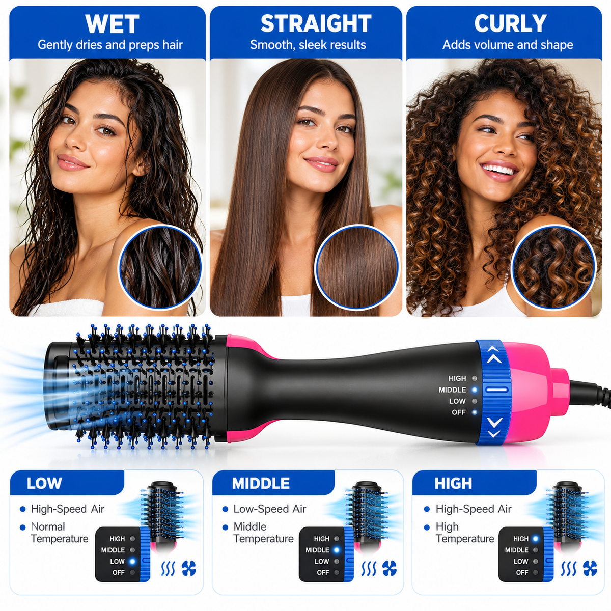 Hot Air Brush 3 in 1 Hair Dryer Straightener & Curler